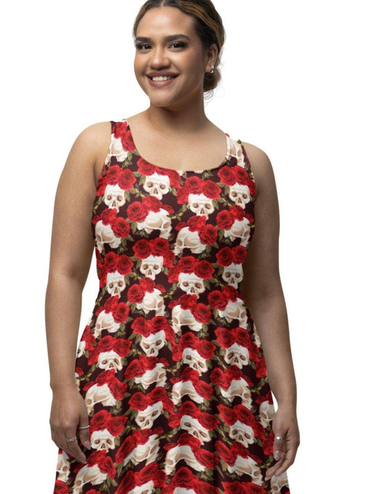 Skull and Roses Knee Length Skater Dress With Pockets - Poison Arrow Retro