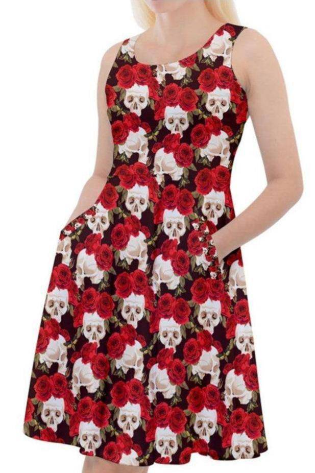 Skull and Roses Knee Length Skater Dress With Pockets - Poison Arrow Retro