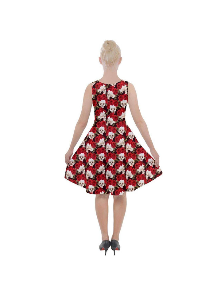 Skull and Roses Knee Length Skater Dress With Pockets - Poison Arrow Retro