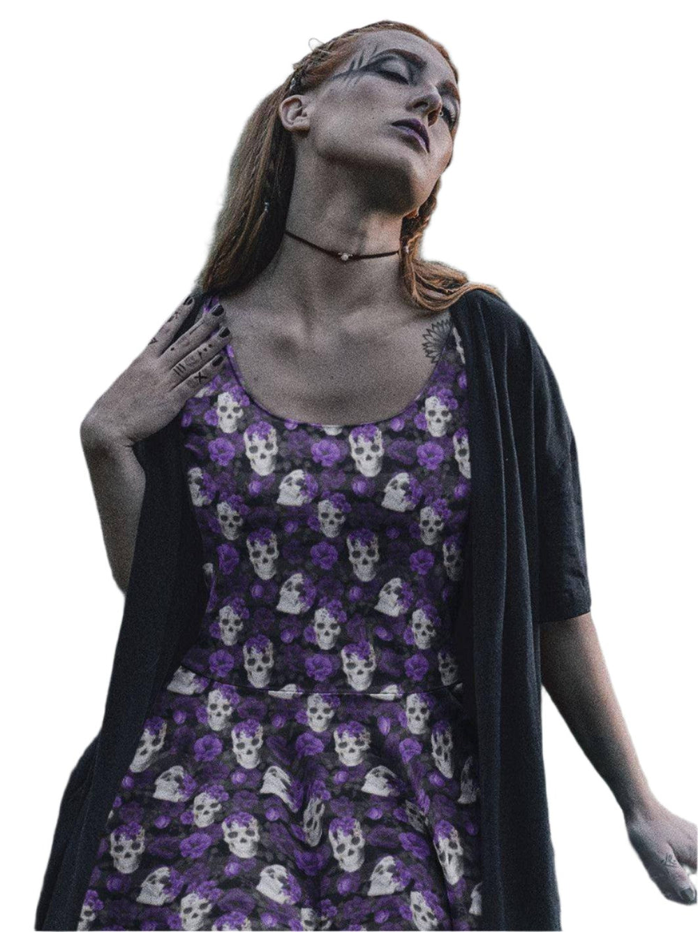 SKULLS AND PURPLE ROSES Knee Length Skater Dress With Pockets - Poison Arrow Retro