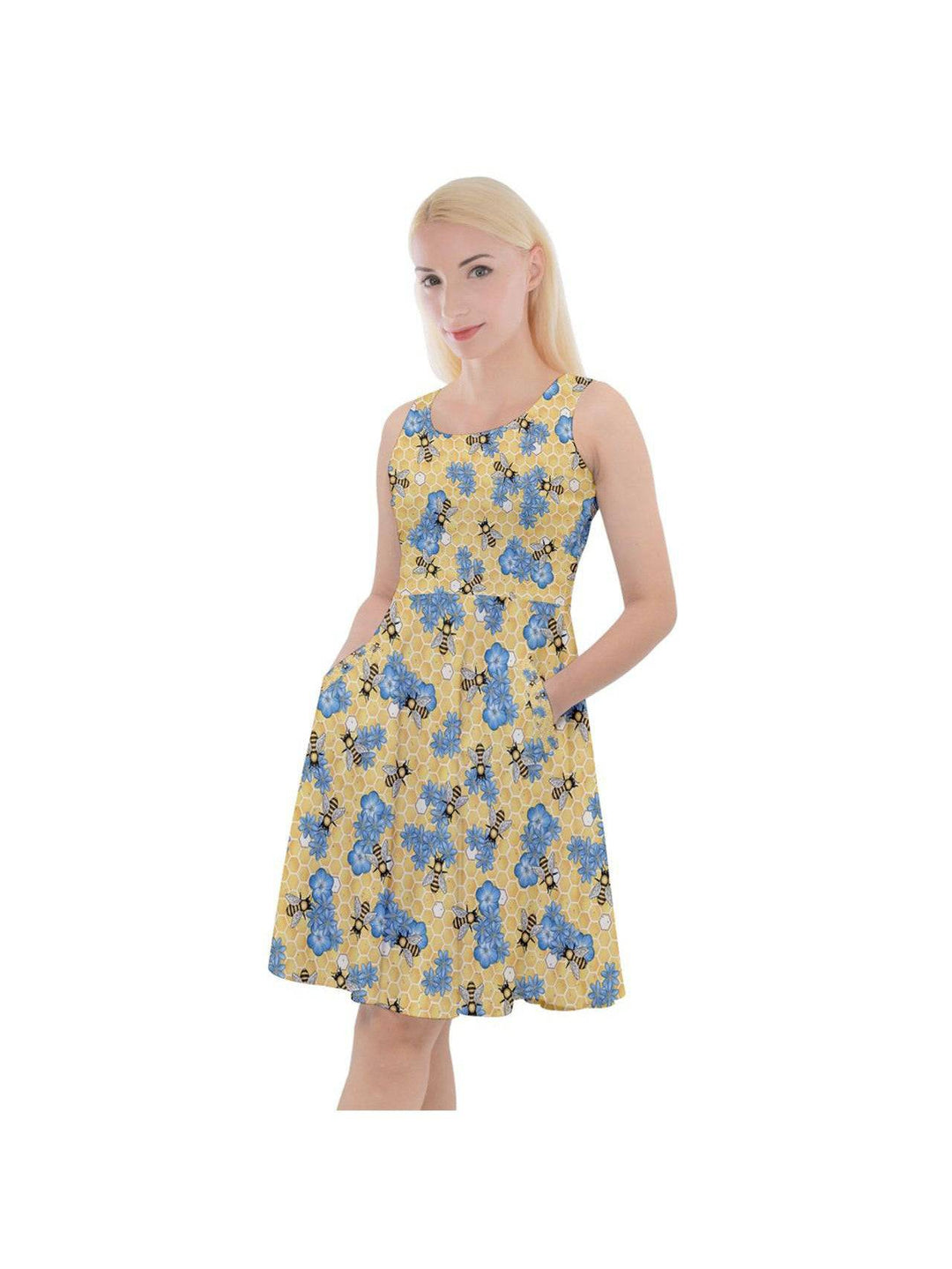 SUNFLOWERS AND BEES Knee Length Skater Dress With Pockets - Poison Arrow Retro