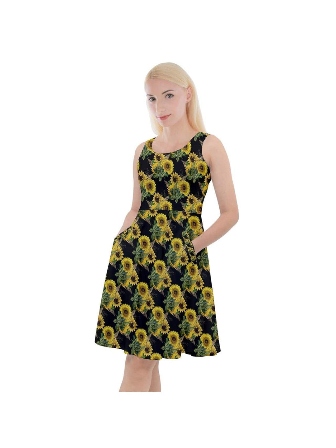 Sunflowers Knee Length Skater Dress With Pockets - Poison Arrow Retro