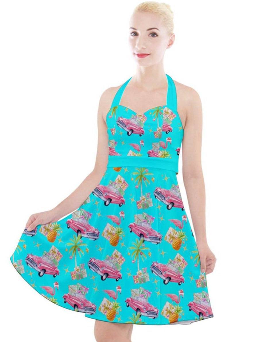 Tropical Christmas Halter Party Swing Dress - Poison Arrow Retro