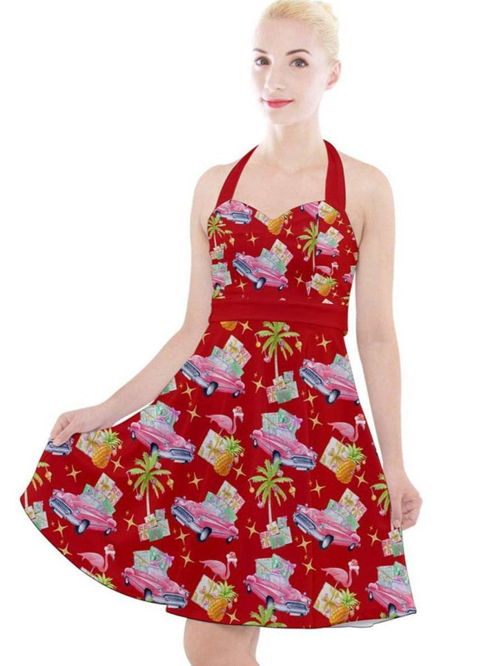 Tropical Christmas Halter Party Swing Dress