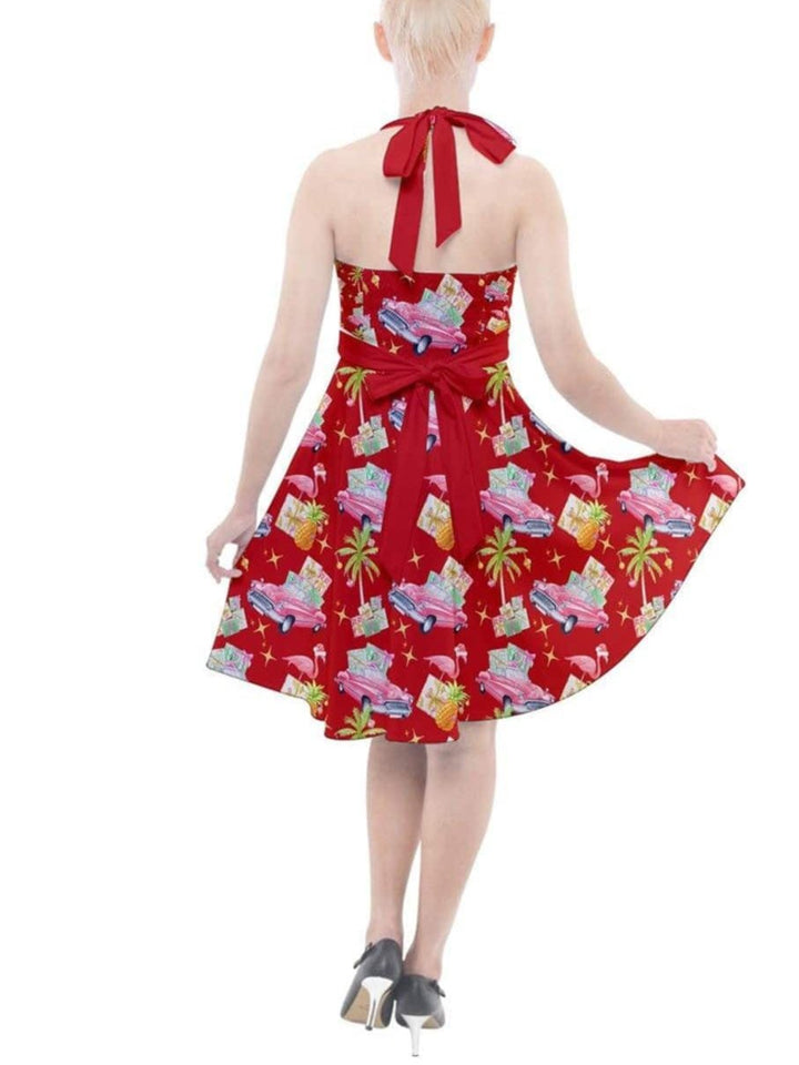 Tropical Christmas Halter Party Swing Dress [IN STOCK] - Poison Arrow Retro