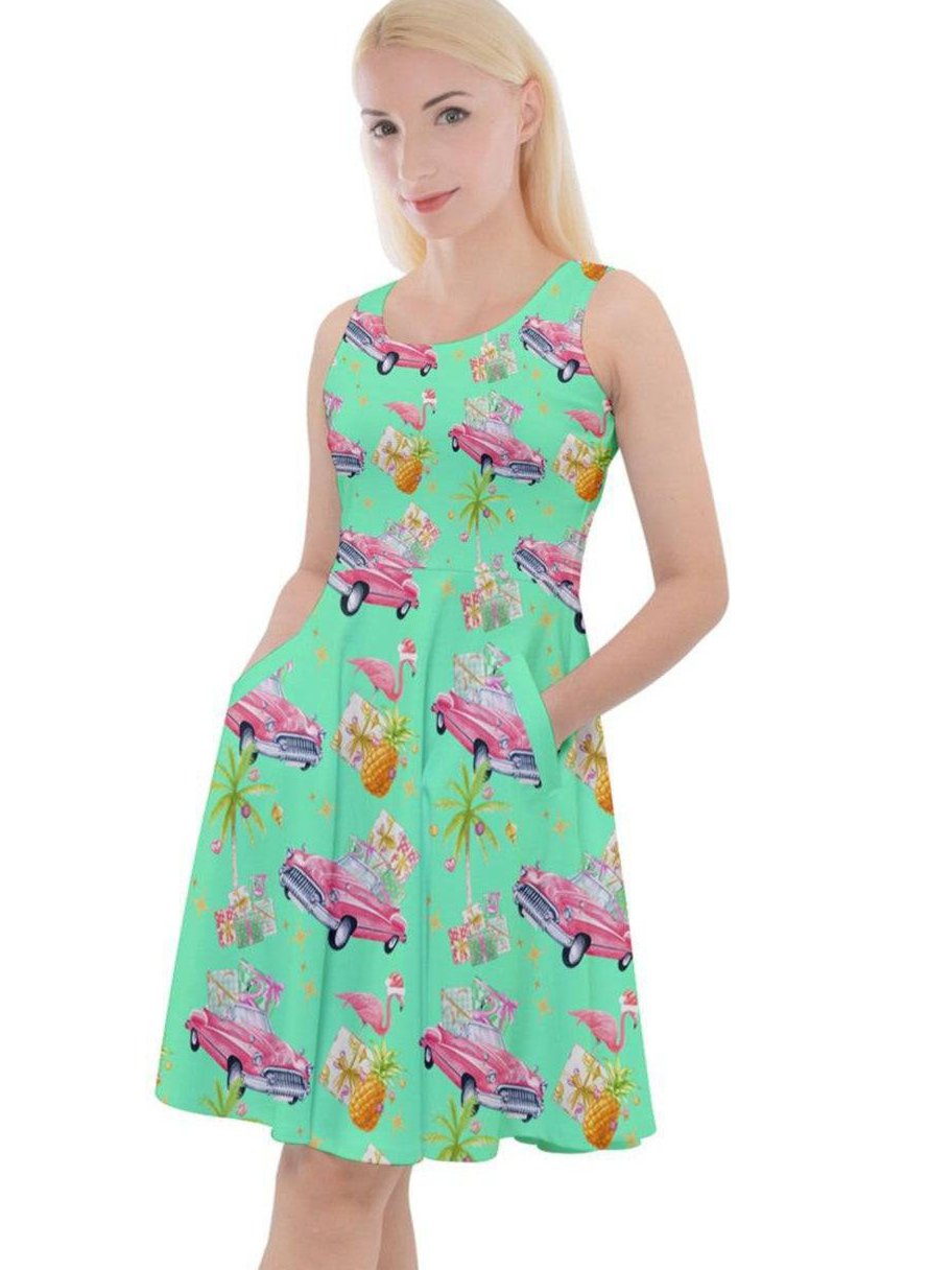 Tropical Christmas Knee Length Skater Dress With Pockets - Poison Arrow Retro