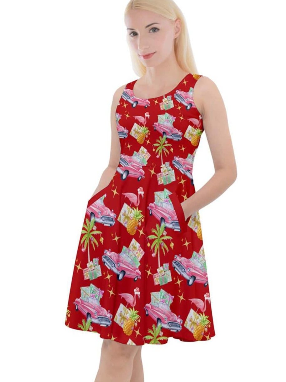 Tropical Christmas Knee Length Skater Dress With Pockets - Poison Arrow Retro