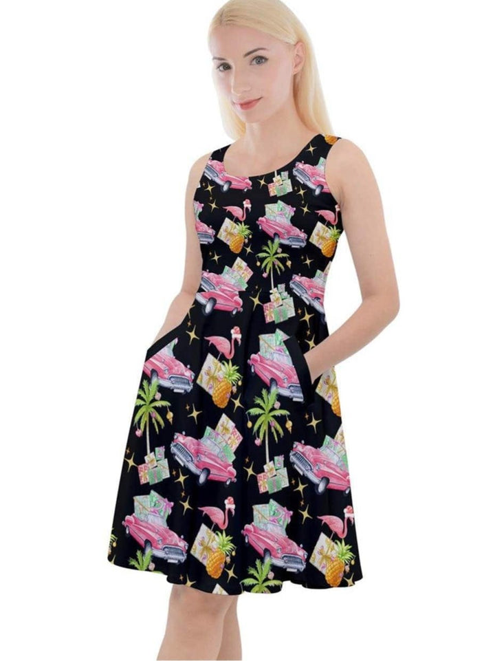 Tropical Christmas Knee Length Skater Dress With Pockets - Poison Arrow Retro