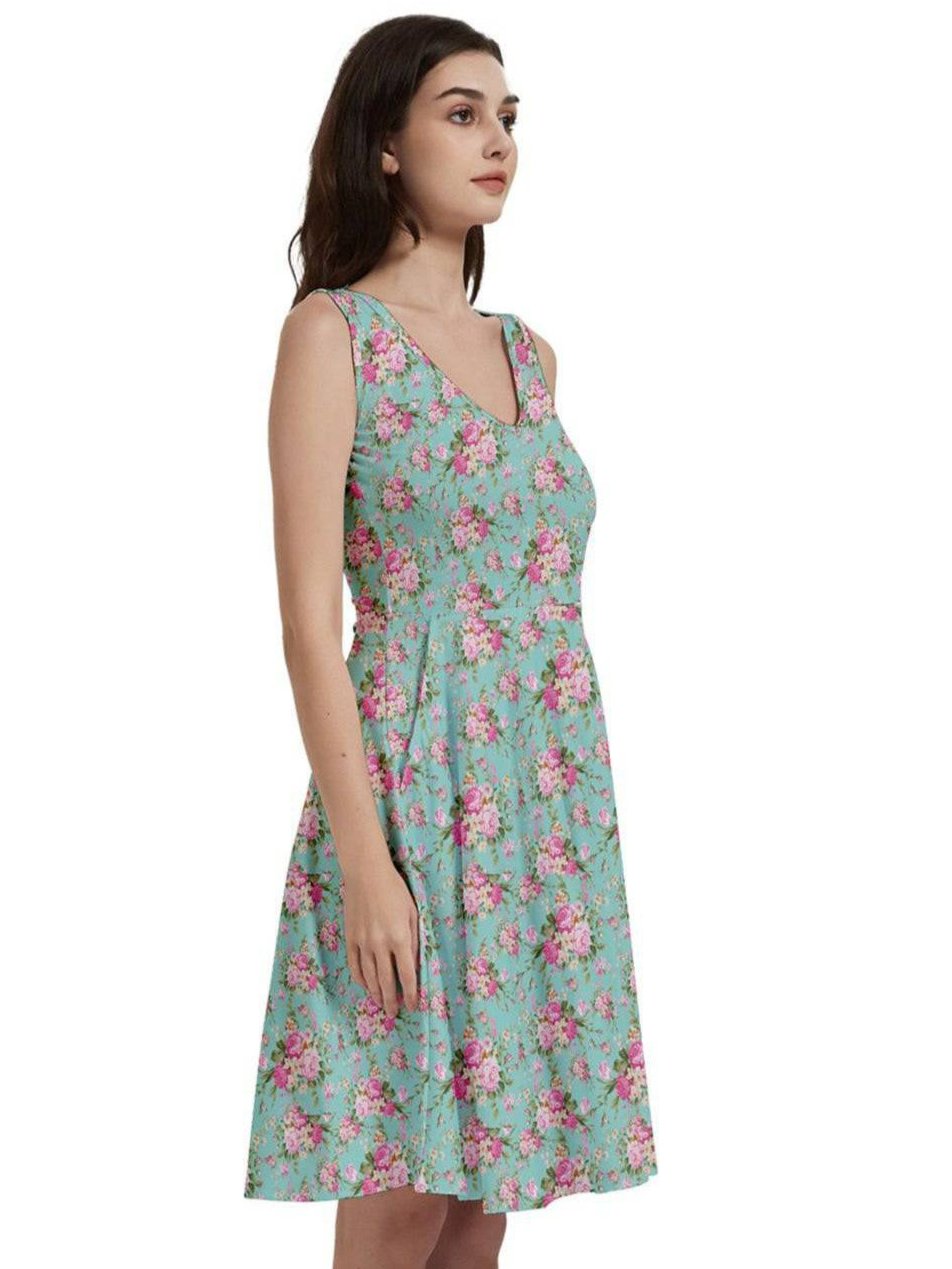 Vintage Roses V-Neck Skater Dress with Pockets - Poison Arrow Retro