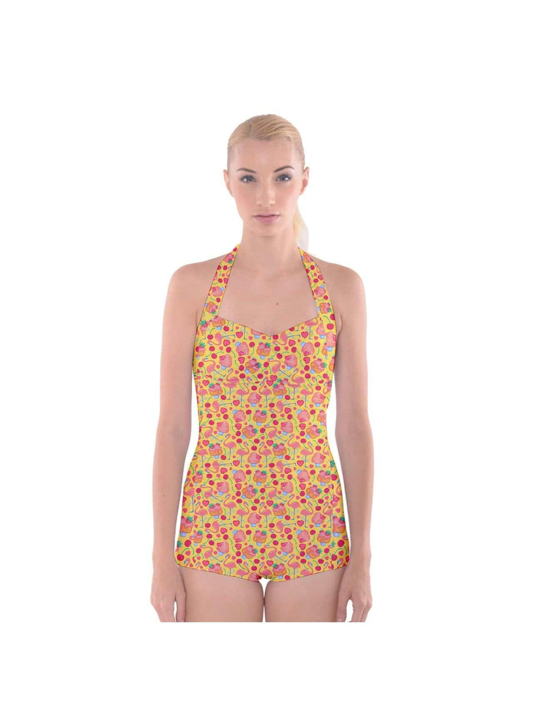 Flamingo and Cupcakes Boyleg Halter Swimsuit