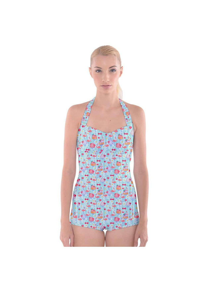 Flamingo and Cupcakes Boyleg Halter Swimsuit