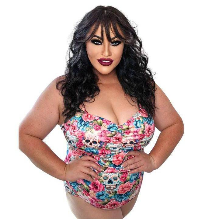 Floral Sugar Skulls Retro Full Coverage Swimsuit - Poison Arrow Retro