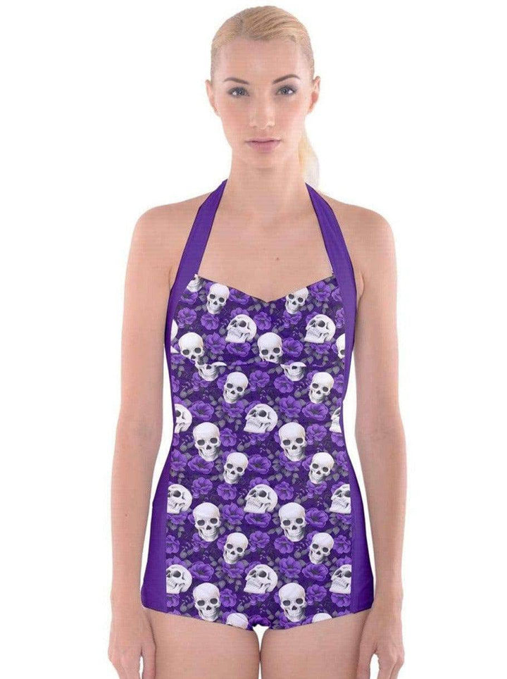 Purple Roses and Skulls Boyleg Halter Swimsuit - Poison Arrow Retro