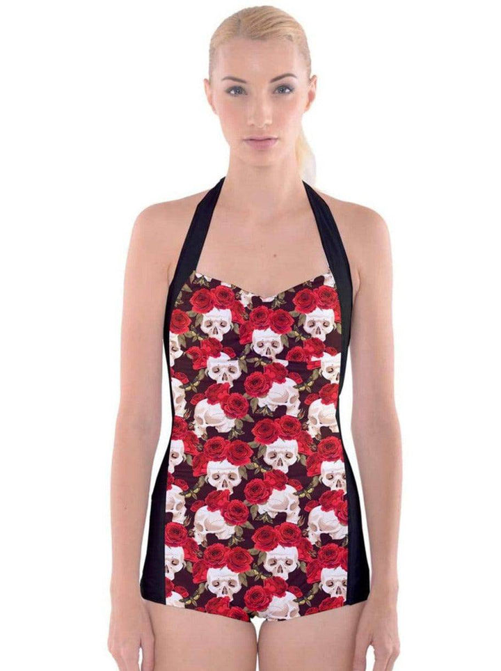 Skulls and Red Roses Boyleg Halter Swimsuit - Poison Arrow Retro