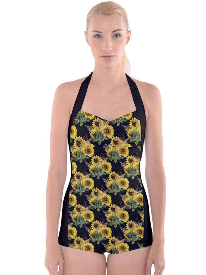 Sunflowers Boyleg Halter Swimsuit - Poison Arrow Retro