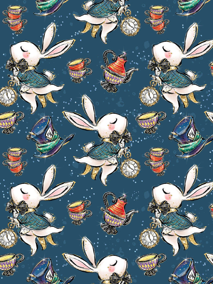 Whimsical pattern featuring a sleepy white rabbit, teapots, and colorful teacups inspired by Alice in Wonderland.