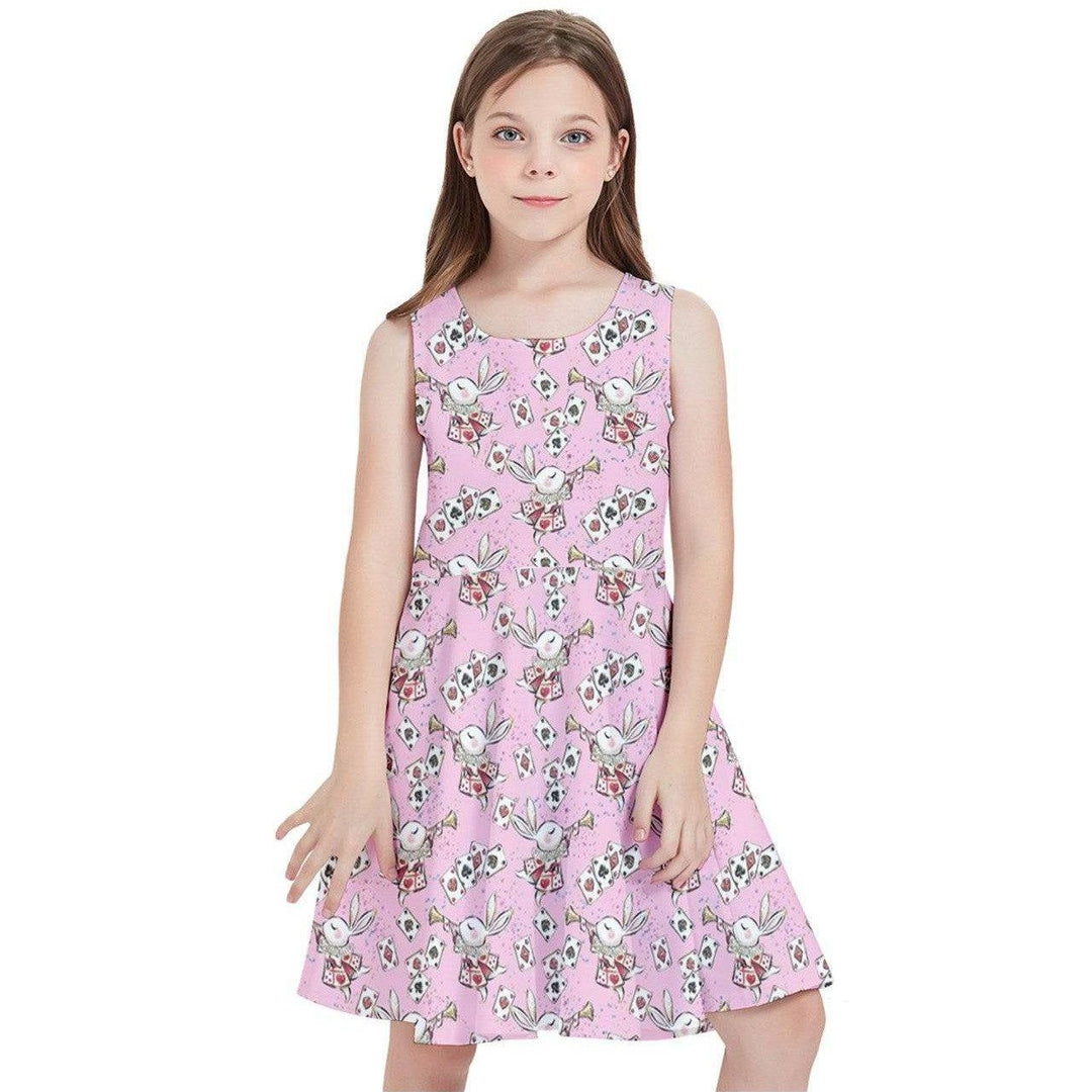 Pink skater dress for kids featuring a whimsical White Rabbit print, perfect for any occasion.