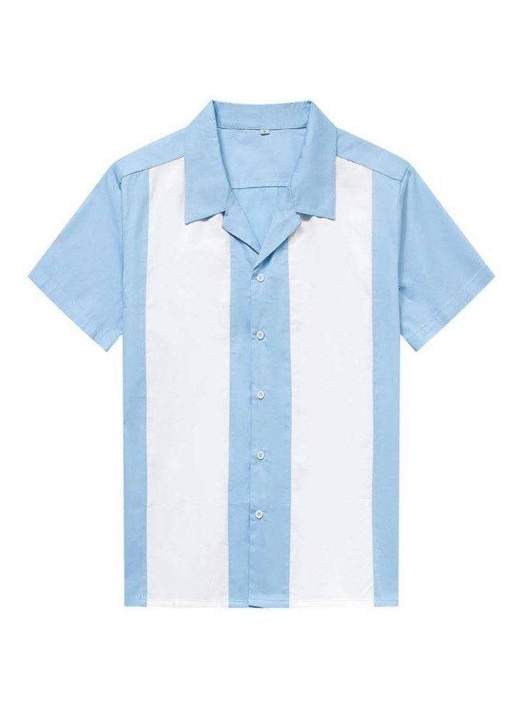 Mens Vintage Style Bowling Dress Shirt - Pale Blue White Panels - Poison Arrow Retro