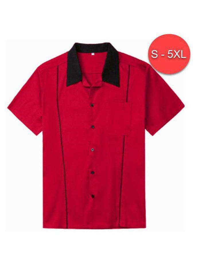 Mens Vintage Style Bowling Dress Shirt - RED WITH BLACK PIPING - Poison Arrow Retro