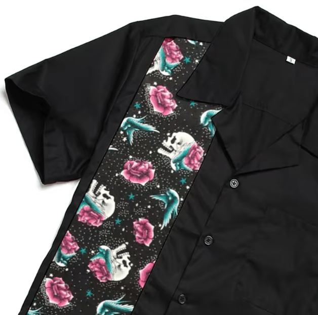 Mens Vintage Style Bowling Dress Shirt - Skulls & Swallows - Poison Arrow Retro