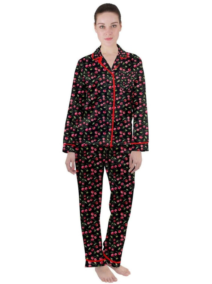 Black Cherries Women's Long Sleeve Satin Pyjamas Set