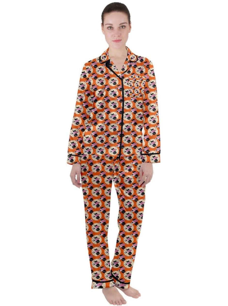 Cosmic Kitties Orange Women's Long Sleeve Satin Pyjamas Set - Poison Arrow Retro