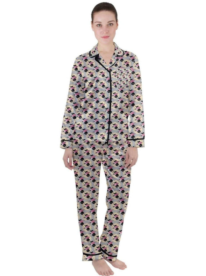 Cosmic Kitties Silver Women's Long Sleeve Satin Pyjamas Set