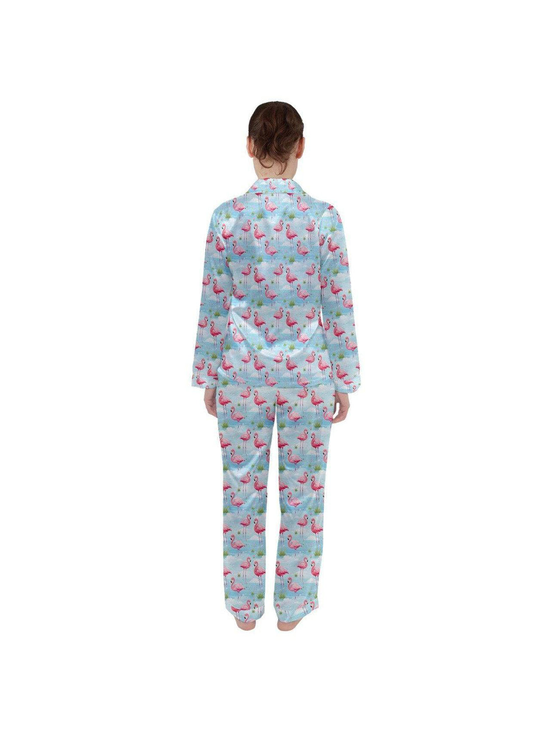 Flamingo Dreams Blue Women's Long Sleeve Satin Pyjamas Set