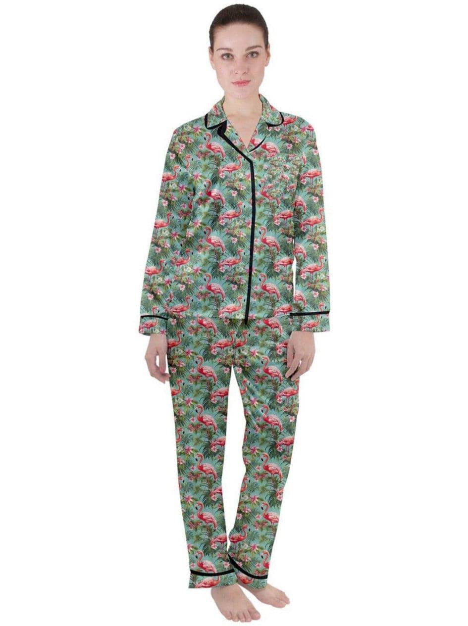 Flamingo Dreams Green Women's Long Sleeve Satin Pyjamas Set - Poison Arrow Retro