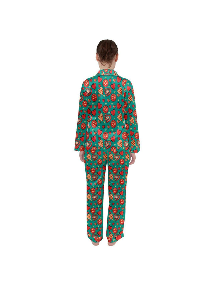 Retro Hearts Women's Long Sleeve Satin Pyjamas  Set - Poison Arrow Retro