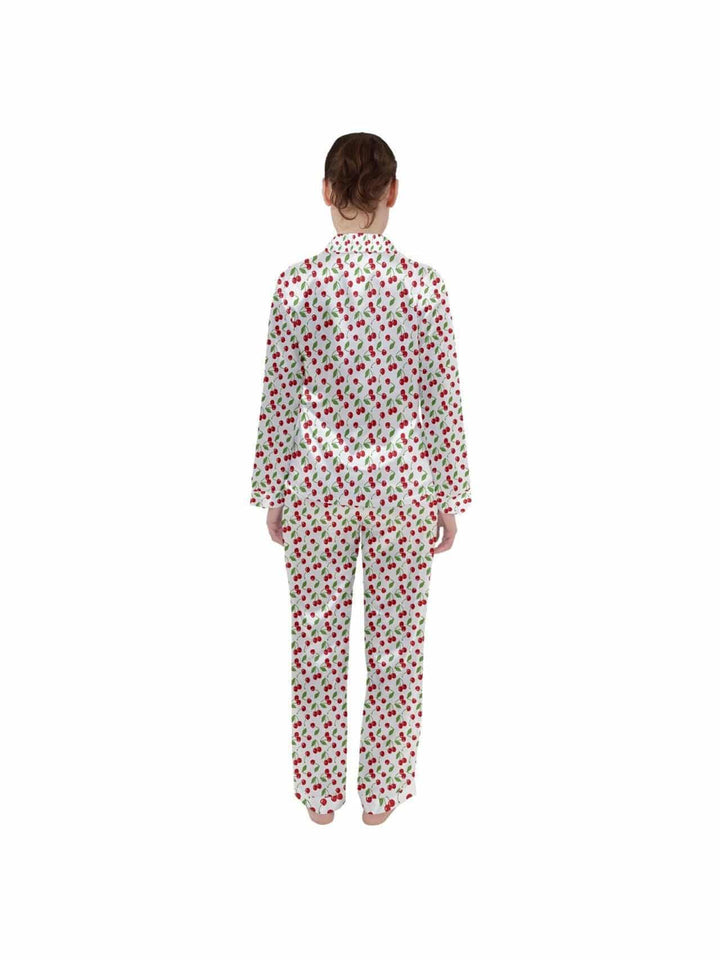 White Cherries Women's Long Sleeve Satin Pyjamas Set - Poison Arrow Retro