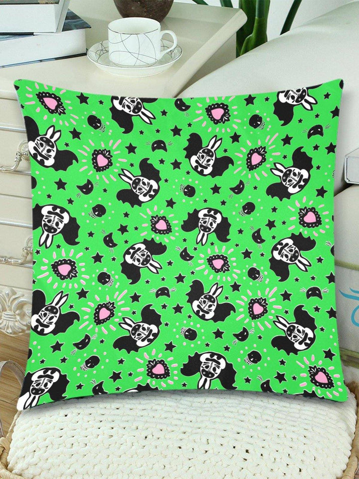 Bunny Bats Green Throw Pillow Cover 18"x 18" (Twin Sides) (Set of 2) - Poison Arrow Retro