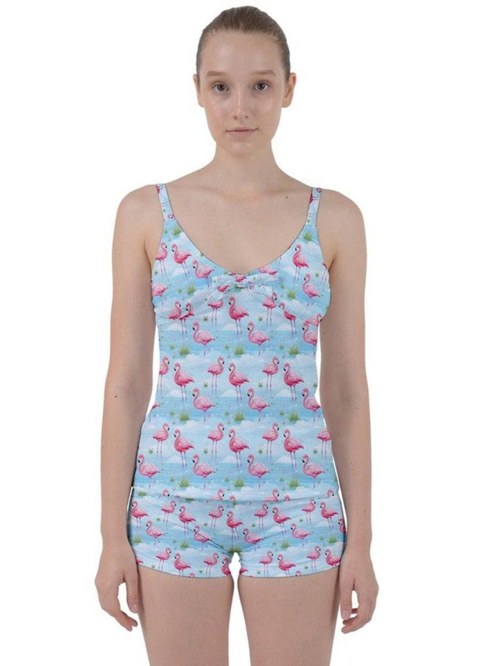 Flamingo Dreams Blue Tie Front Two Piece Tankini - Poison Arrow Retro