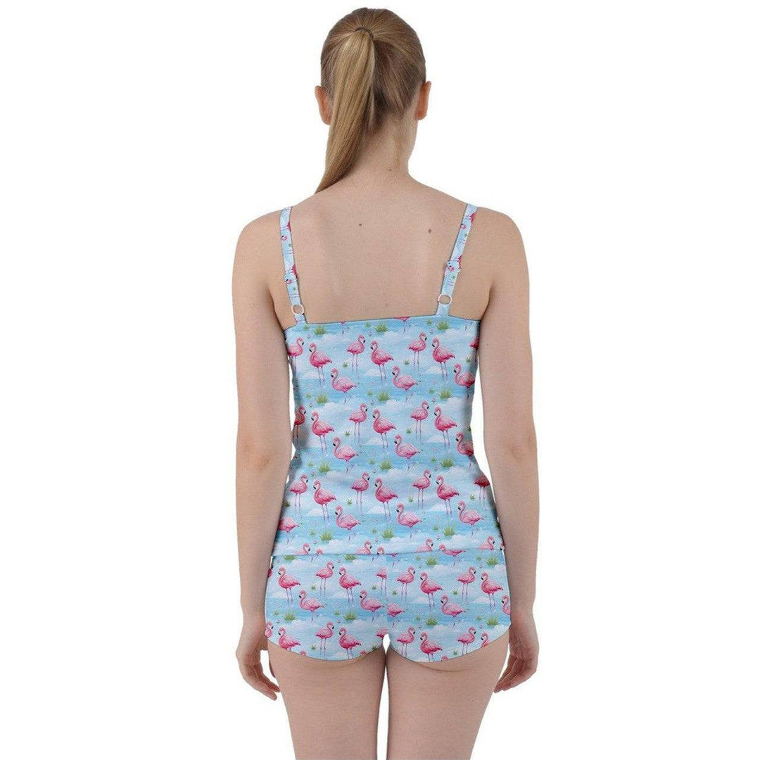 Flamingo Dreams Blue Tie Front Two Piece Tankini - Poison Arrow Retro