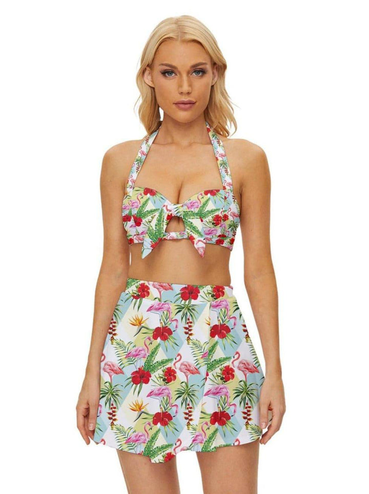 Flamingos Vintage Style Bikini Top and Skirt Set - Poison Arrow Retro