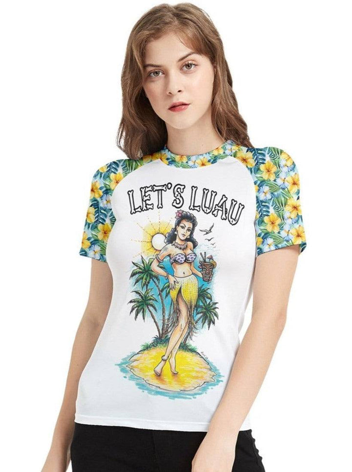 Lets Luau women's short sleeve rashie with tropical hibiscus print and original artwork by Marc Welsh. Perfect for beach days.