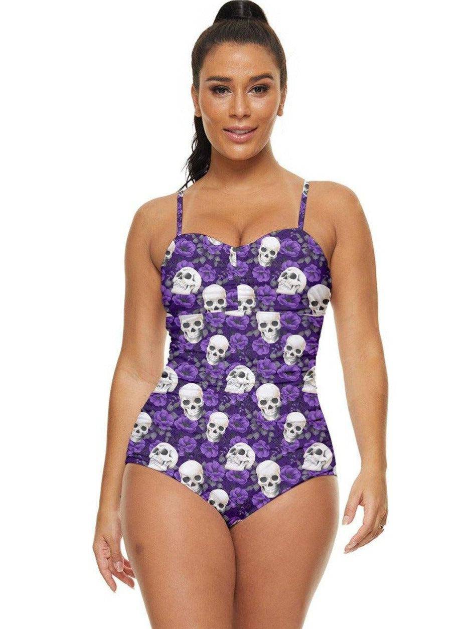 PURPLE ROSES AND SKULLS Retro Full Coverage Swimsuit