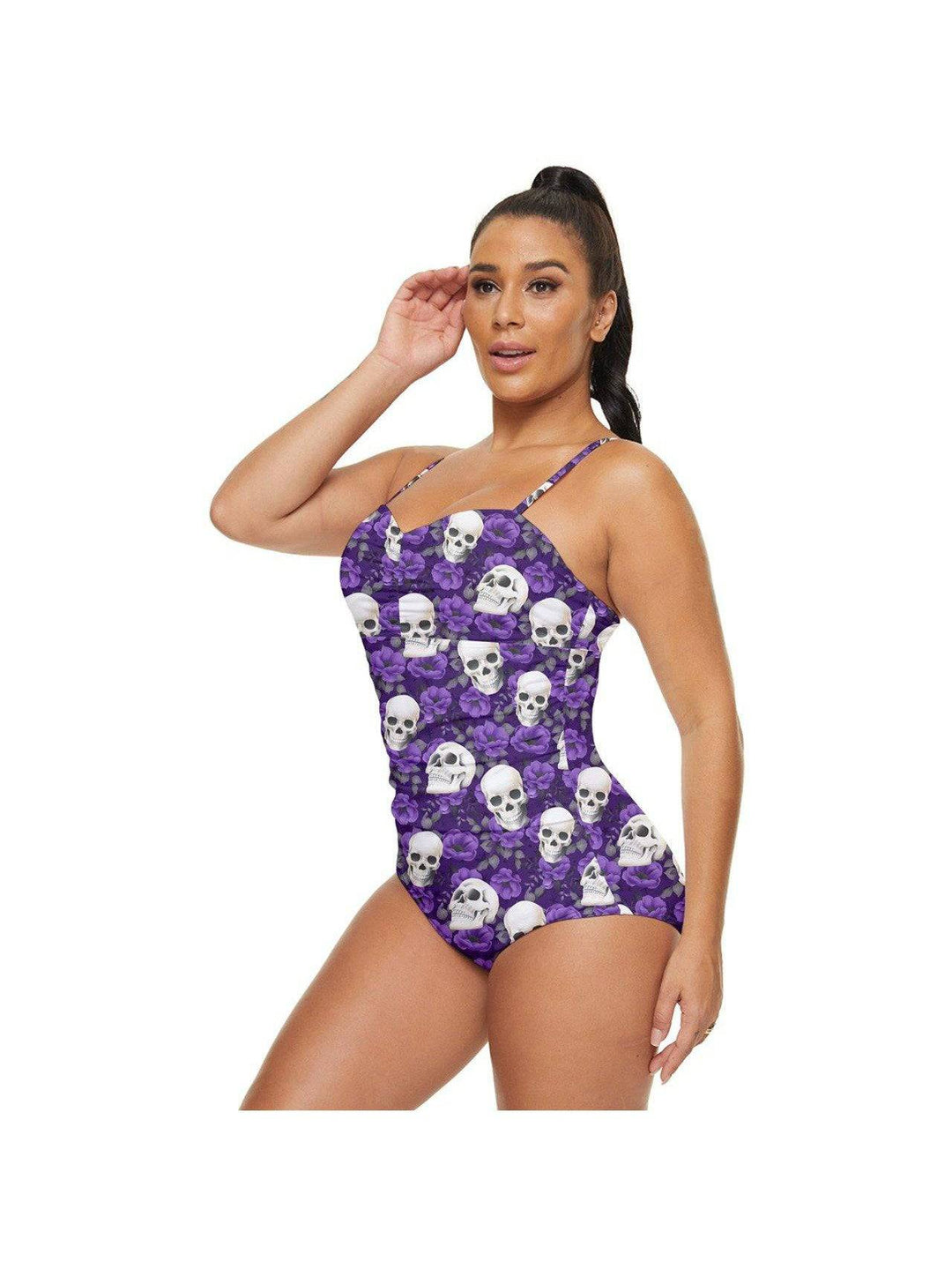 PURPLE ROSES AND SKULLS Retro Full Coverage Swimsuit - Poison Arrow Retro