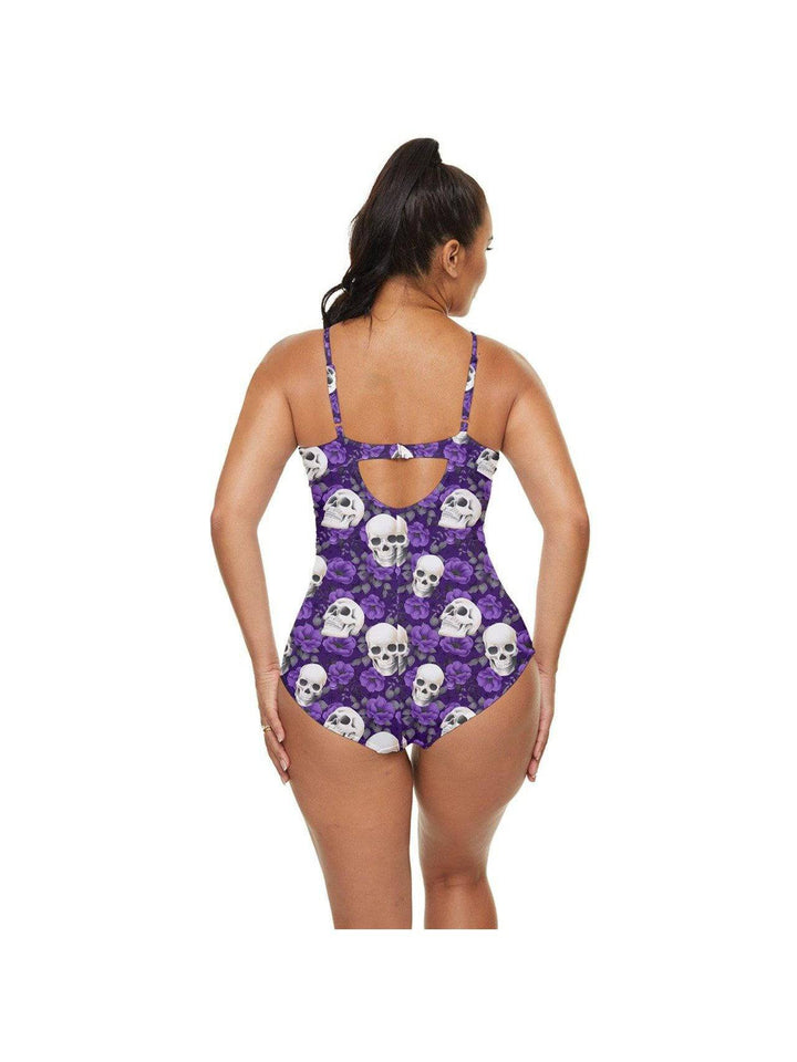 PURPLE ROSES AND SKULLS Retro Full Coverage Swimsuit