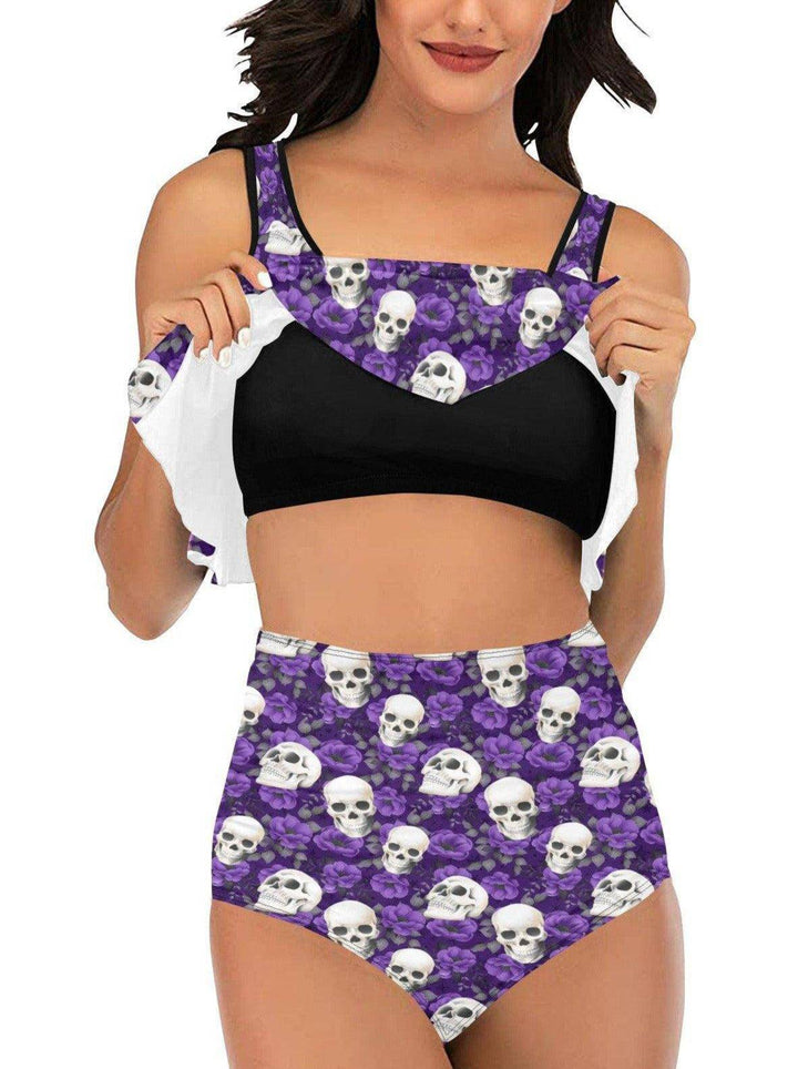 PURPLE ROSES & SKULLS Ruffle Top High Waisted Bikini - Poison Arrow Retro