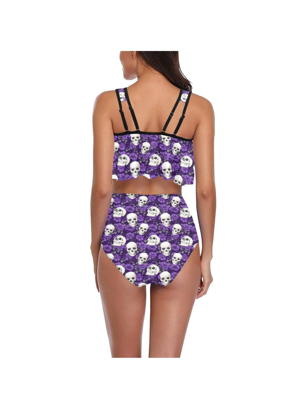 PURPLE ROSES & SKULLS Ruffle Top High Waisted Bikini - Poison Arrow Retro