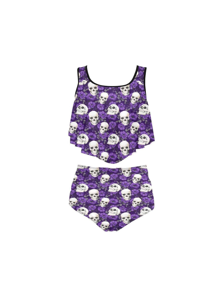 PURPLE ROSES & SKULLS Ruffle Top High Waisted Bikini - Poison Arrow Retro