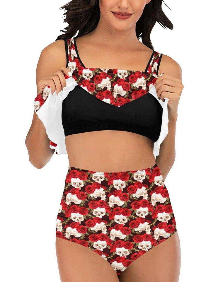 SKULLS AND ROSES Ruffle Top High Waisted Bikini - Poison Arrow Retro