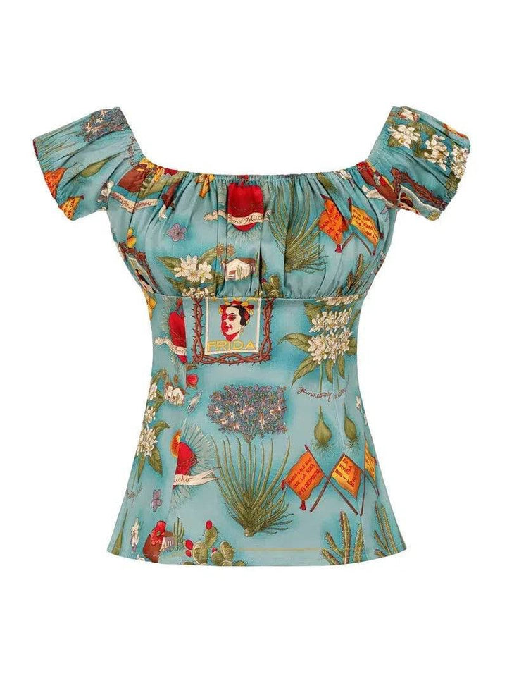 Frida Teal Peasant Style Top - Poison Arrow Retro