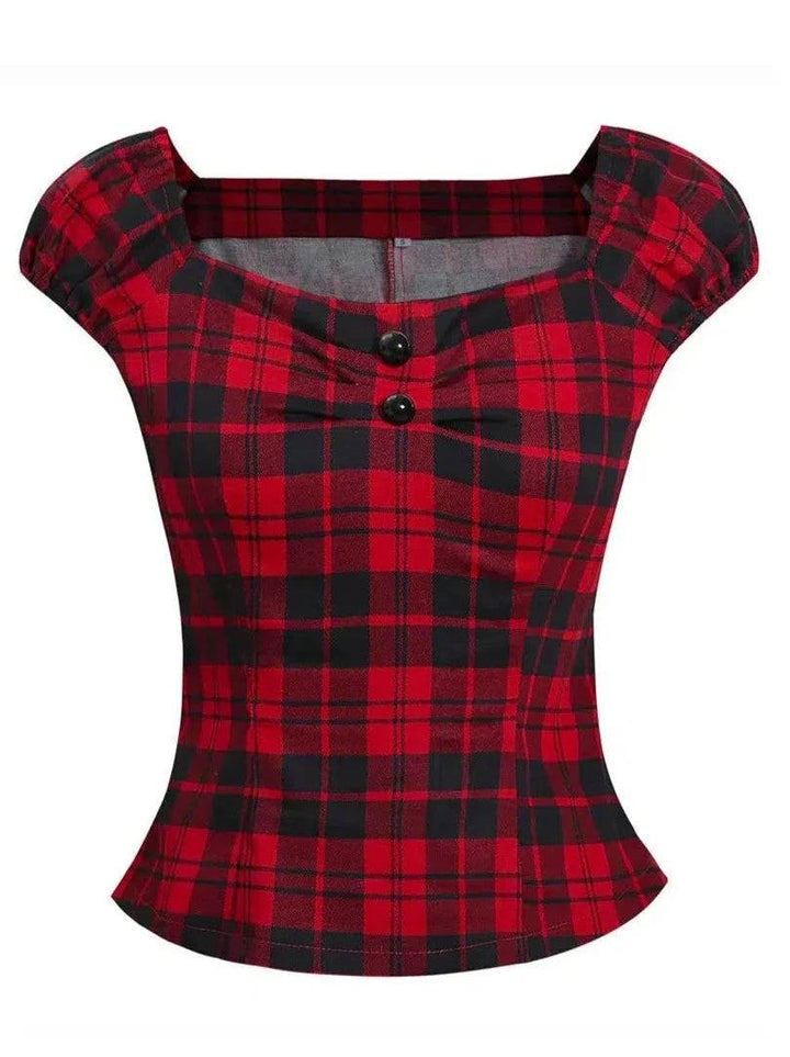 Red plaid retro top with button details, perfect for adding a punk vintage charm to your wardrobe.