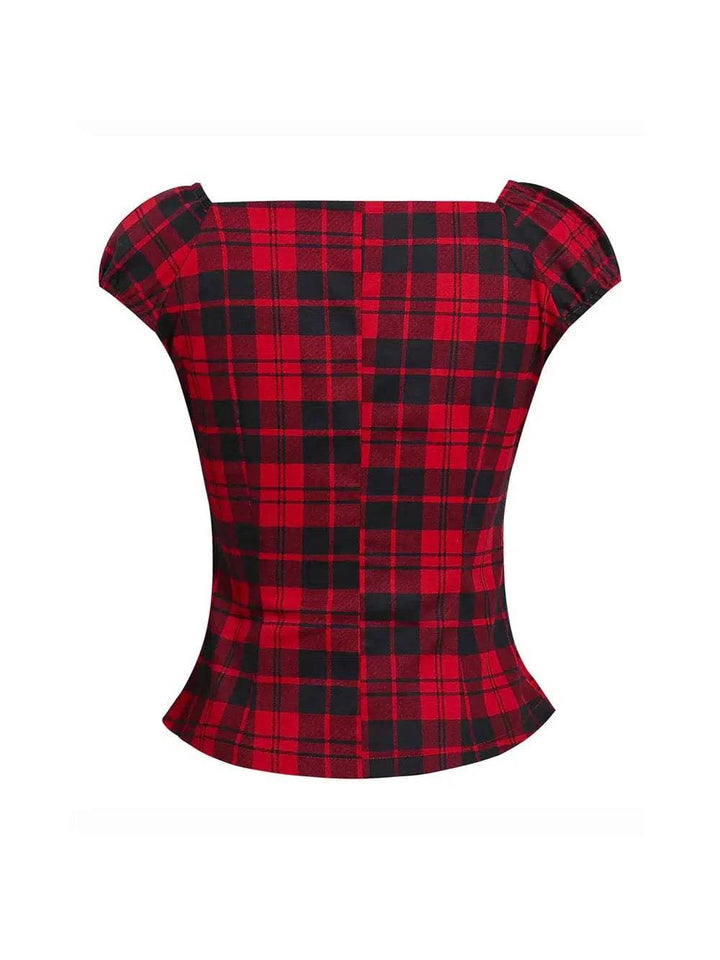 Red plaid retro top with a fitted design and side zipper, perfect for edgy fashion enthusiasts.