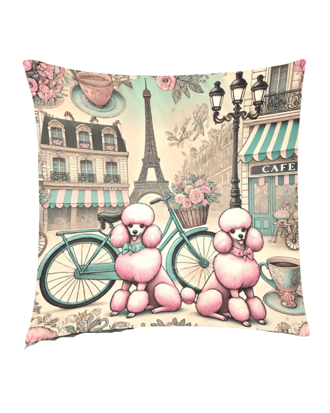 Poodle de Paris throw pillow cover featuring pink poodles, vintage bicycle, and Parisian café scene. Set of two, 18"x18".