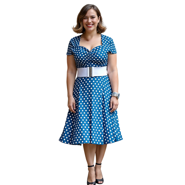 Teal Polka Dot Cap Sleeve Midi Dress With Pockets