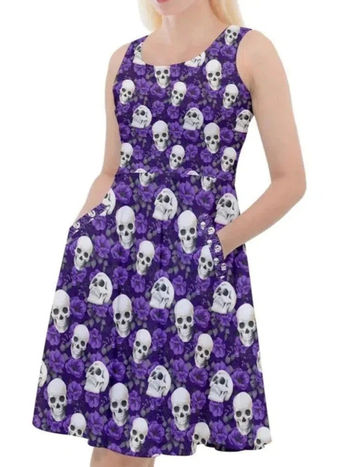 Purple Skull and Roses Skater Dress [IN STOCK]