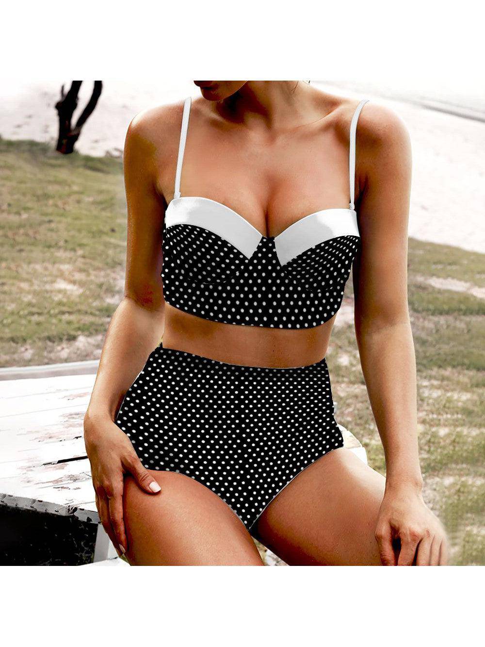 Black Polka Dot High Waist Retro Bikini - Poison Arrow Retro